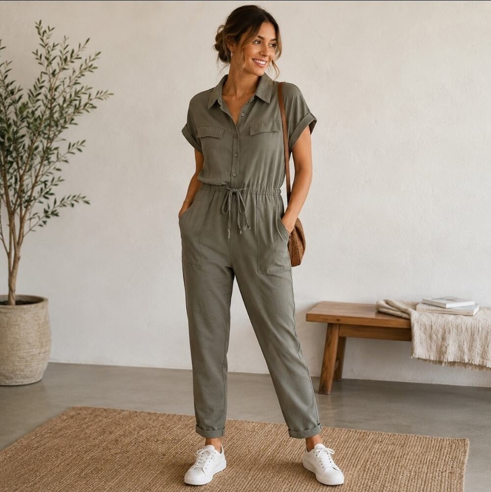 Cala Sz Large Olive Green Oversized Ralexad Fit Jumpsuit Upscale Casual Romper